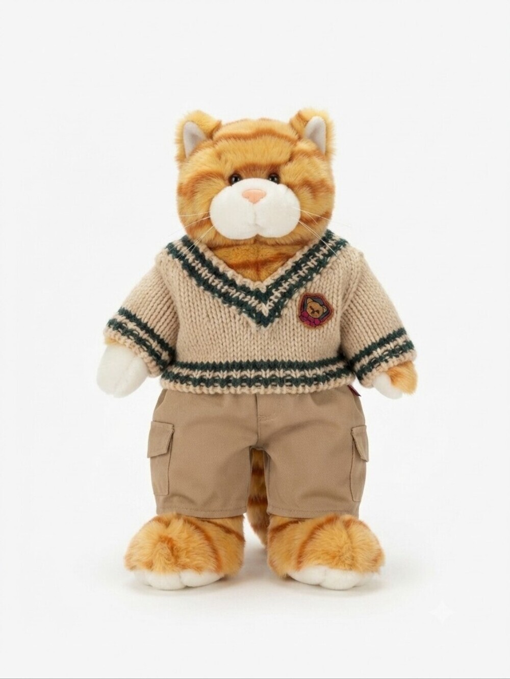 Vintage Build-A-Bear Orange Tabby Cat Plush with Preppy V-Neck Sweater & Khaki P
